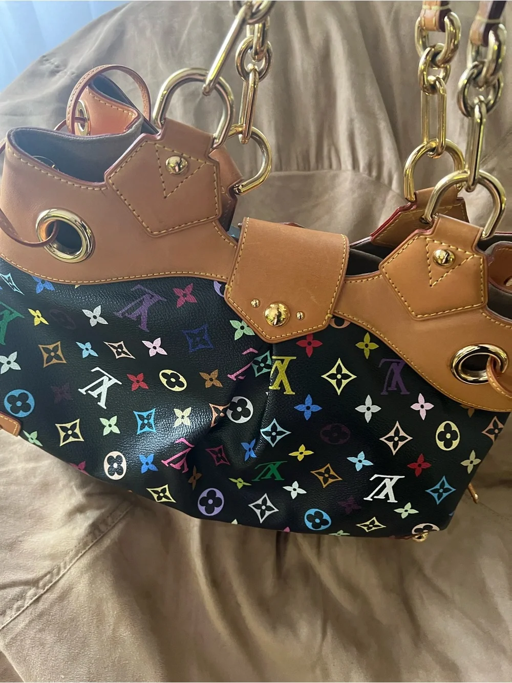 Louis Vuitton Ursela- Black Multicolor Monogram Shoulder Bag with Tan Trim - Picture 5 of 13